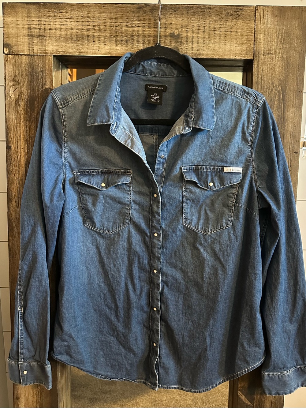 Calvin Klein Jeans Chambray Western Shirt L Pearl Snap Blue Women’s Western